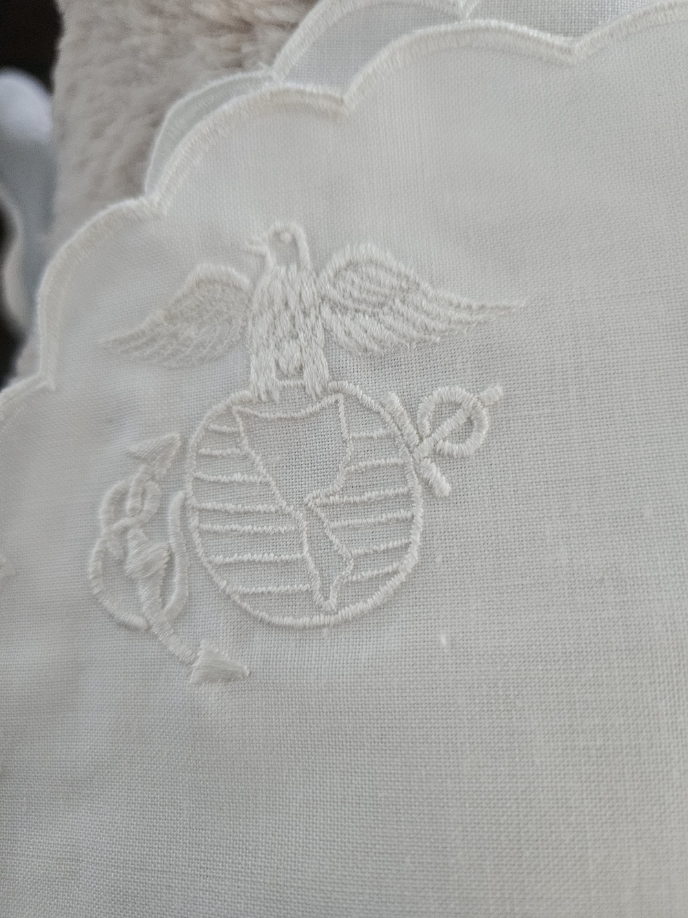 Two White Scalloped Linen Placemats with Embroidered US Marine Corp Insignia